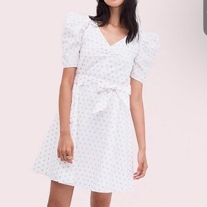 kate spade White Mini Dress with Pink Dot Print and Puff Sleeves Size S